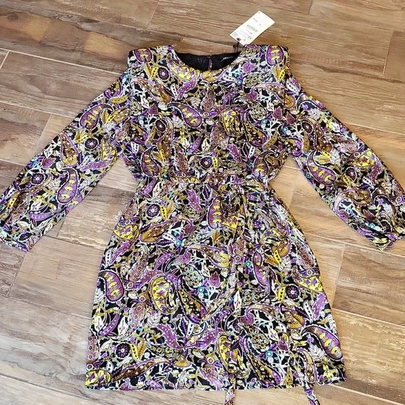 Zara Paisley Print Open Keyhole Back Long Sleeve Partially Lined Mini Dress, XS - Picture 5 of 15